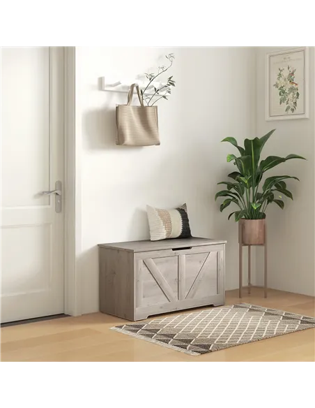 HOMCOM 100L Home Storage Box, with Safety Hinges - Grey Wood-Effect