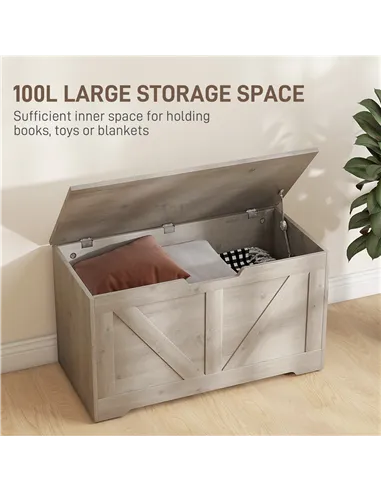 HOMCOM 100L Home Storage Box, with Safety Hinges - Grey Wood-Effect
