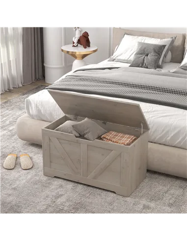 HOMCOM 100L Home Storage Box, with Safety Hinges - Grey Wood-Effect