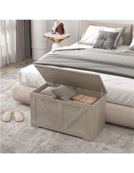HOMCOM 100L Home Storage Box, with Safety Hinges - Grey Wood-Effect