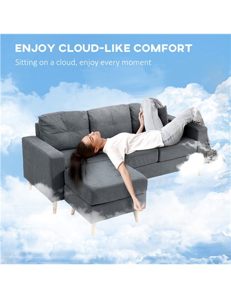 HOMCOM 3 Seater Sofa with Footstool, Fabric L-Shaped Sofa, Sectional Couch with Wood Legs, Tufting Cushioned Back for Small Spac