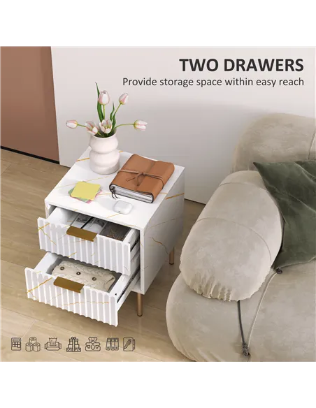 HOMCOM Elegant Two-Drawer Bedside Table - White