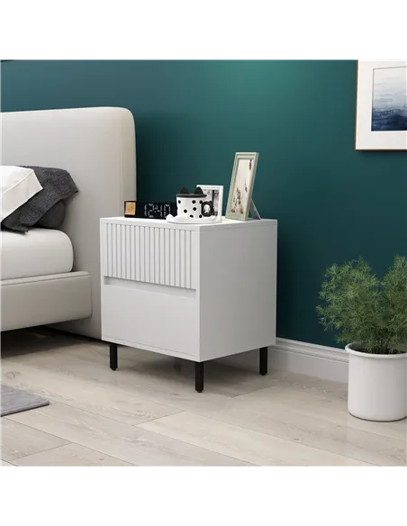 HOMCOM Simple Line Indented Two-Drawer Bedside Table - White