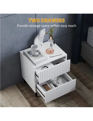 HOMCOM Simple Line Indented Two-Drawer Bedside Table - White
