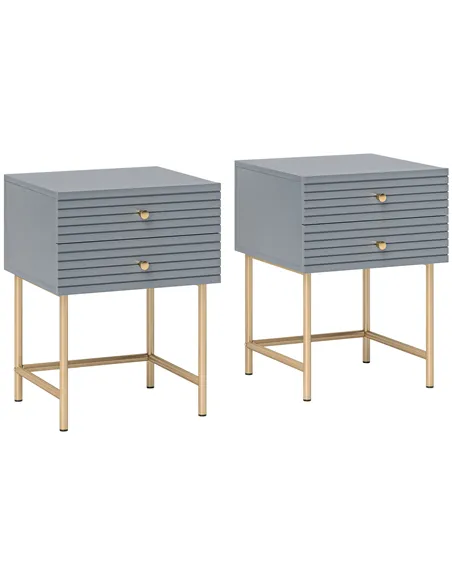 HOMCOM Set of Two Elegant Bedside Tables - Grey/Gold-Tone