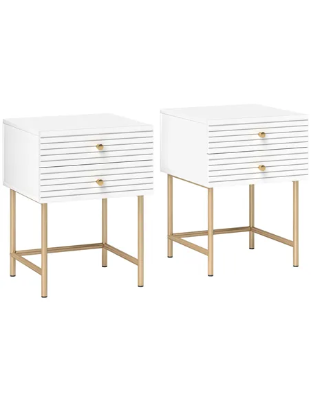 HOMCOM Set of Two Elegant Bedside Tables - White/Gold-Tone