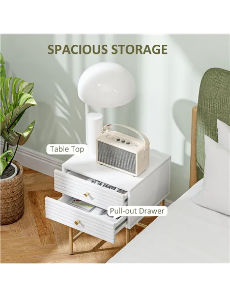 HOMCOM Set of Two Elegant Bedside Tables - White/Gold-Tone