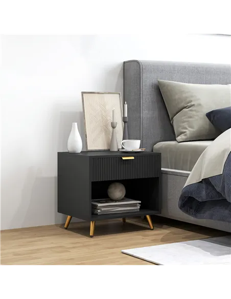 HOMCOM Elegant Bedside Table, with Drawer and Shelf - Black/Gold Tone