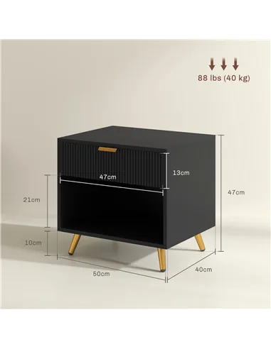 HOMCOM Elegant Bedside Table, with Drawer and Shelf - Black/Gold Tone