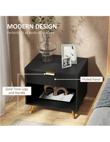 HOMCOM Elegant Bedside Table, with Drawer and Shelf - Black/Gold Tone