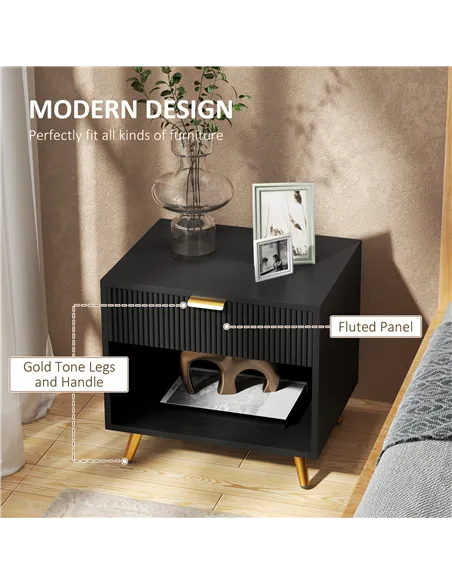 HOMCOM Elegant Bedside Table, with Drawer and Shelf - Black/Gold Tone