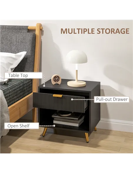 HOMCOM Elegant Bedside Table, with Drawer and Shelf - Black/Gold Tone