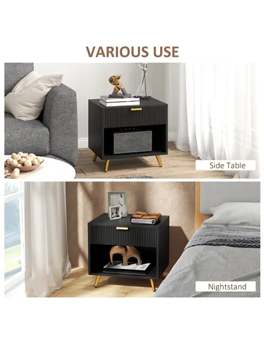 HOMCOM Elegant Bedside Table, with Drawer and Shelf - Black/Gold Tone