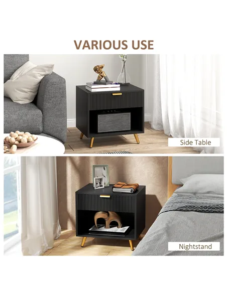 HOMCOM Elegant Bedside Table, with Drawer and Shelf - Black/Gold Tone