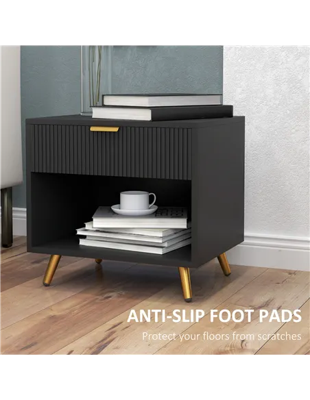 HOMCOM Elegant Bedside Table, with Drawer and Shelf - Black/Gold Tone