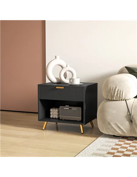 HOMCOM Elegant Bedside Table, with Drawer and Shelf - Black/Gold Tone