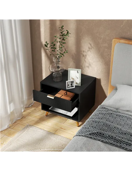 HOMCOM Elegant Bedside Table, with Drawer and Shelf - Black/Gold Tone