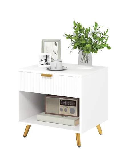 HOMCOM Elegant Bedside Table, with Drawer and Shelf - White/Gold Tone