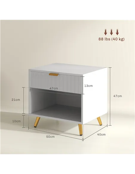 HOMCOM Elegant Bedside Table, with Drawer and Shelf - White/Gold Tone