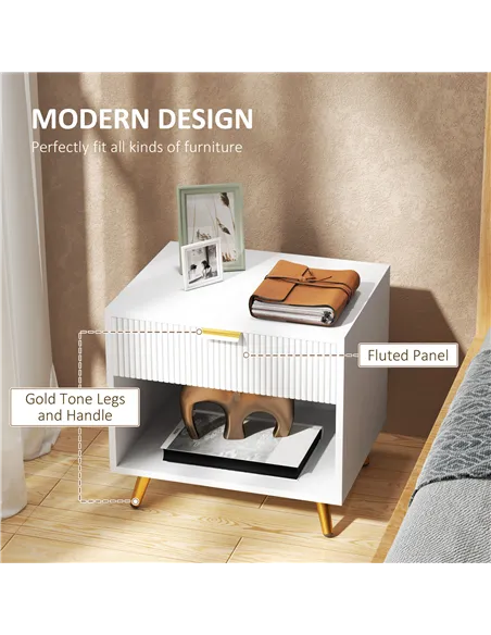 HOMCOM Elegant Bedside Table, with Drawer and Shelf - White/Gold Tone