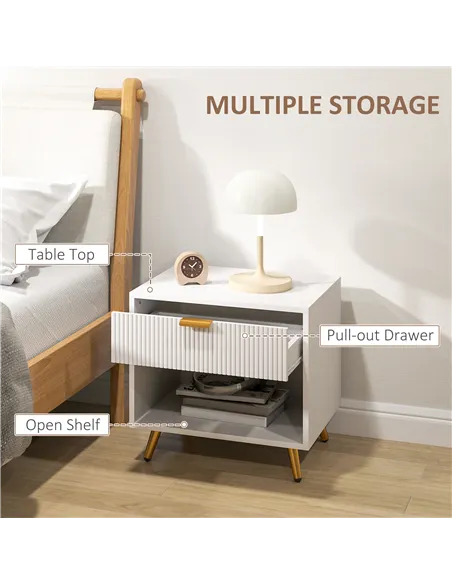 HOMCOM Elegant Bedside Table, with Drawer and Shelf - White/Gold Tone