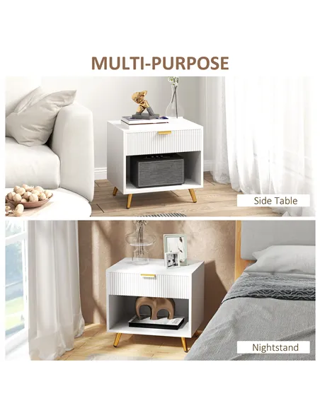 HOMCOM Elegant Bedside Table, with Drawer and Shelf - White/Gold Tone
