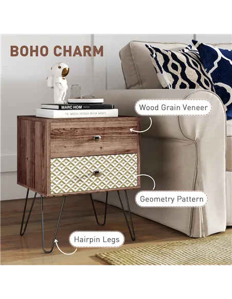 HOMCOM Nightstand, 2-Drawer Bedside Table, Bedside Cabinet, Sofa End Side Table for Living Room, Bedroom, Rustic Brown