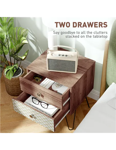HOMCOM Nightstand, 2-Drawer Bedside Table, Bedside Cabinet, Sofa End Side Table for Living Room, Bedroom, Rustic Brown