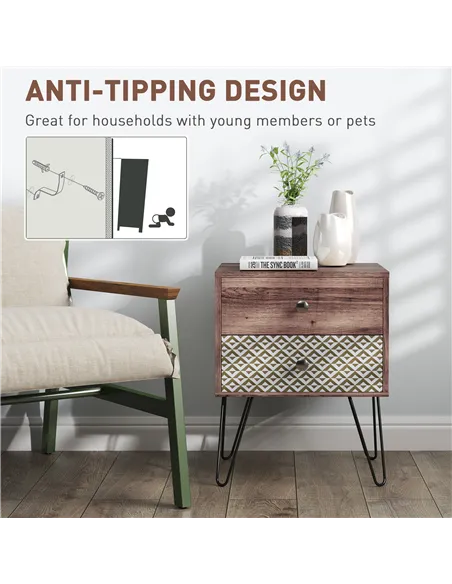 HOMCOM Nightstand, 2-Drawer Bedside Table, Bedside Cabinet, Sofa End Side Table for Living Room, Bedroom, Rustic Brown