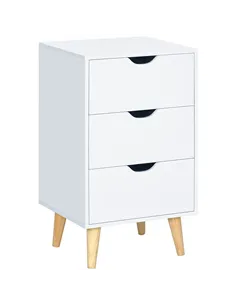 HOMCOM Bedside Table, Bedside Cabinet with 3 Drawers, Small Side Table with Wood Legs and Cut-out Handles for Bedroom, Cream Whi