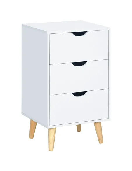 HOMCOM Bedside Table, Bedside Cabinet with 3 Drawers, Small Side Table with Wood Legs and Cut-out Handles for Bedroom, Cream Whi
