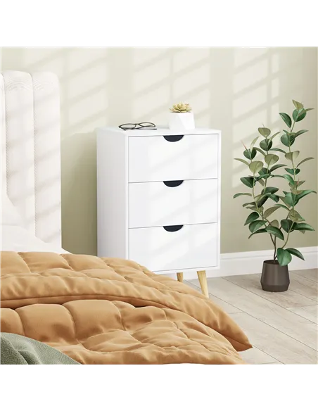 HOMCOM Bedside Table, Bedside Cabinet with 3 Drawers, Small Side Table with Wood Legs and Cut-out Handles for Bedroom, Cream Whi