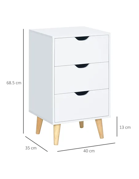 HOMCOM Bedside Table, Bedside Cabinet with 3 Drawers, Small Side Table with Wood Legs and Cut-out Handles for Bedroom, Cream Whi