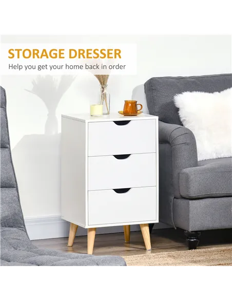 HOMCOM Bedside Table, Bedside Cabinet with 3 Drawers, Small Side Table with Wood Legs and Cut-out Handles for Bedroom, Cream Whi