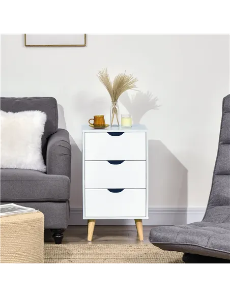 HOMCOM Bedside Table, Bedside Cabinet with 3 Drawers, Small Side Table with Wood Legs and Cut-out Handles for Bedroom, Cream Whi