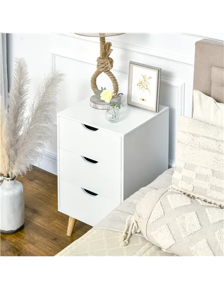 HOMCOM Bedside Table, Bedside Cabinet with 3 Drawers, Small Side Table with Wood Legs and Cut-out Handles for Bedroom, Cream Whi