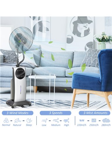 HOMCOM 16" Pedestal Fan with Water Mist Spray, Humidifying Misting Fan, Standing Fan with 3 Speeds, 3.1L Water Tank, Timer and E