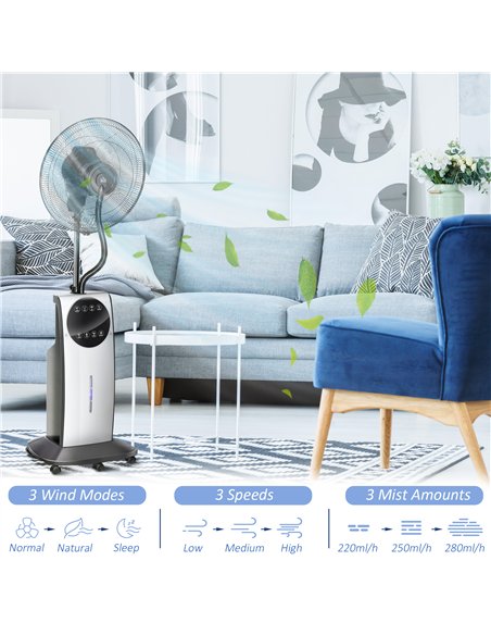 HOMCOM 16" Pedestal Fan with Water Mist Spray, Humidifying Misting Fan, Standing Fan with 3 Speeds, 3.1L Water Tank, Timer and E