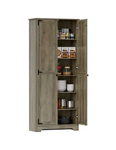 HOMCOM Farmhouse Kitchen Cupboard, Freestanding Kitchen Storage Cabinet with Adjustable Shelves, Tall Storage Cabinet with Reces