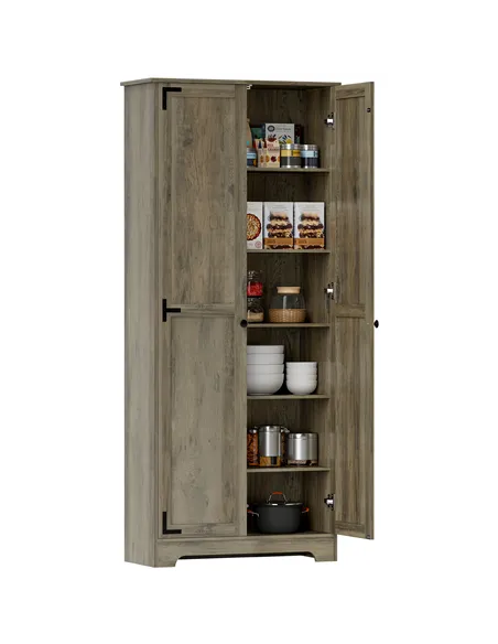 HOMCOM Farmhouse Kitchen Cupboard, Freestanding Kitchen Storage Cabinet with Adjustable Shelves, Tall Storage Cabinet with Reces