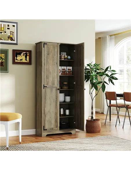 HOMCOM Farmhouse Kitchen Cupboard, Freestanding Kitchen Storage Cabinet with Adjustable Shelves, Tall Storage Cabinet with Reces