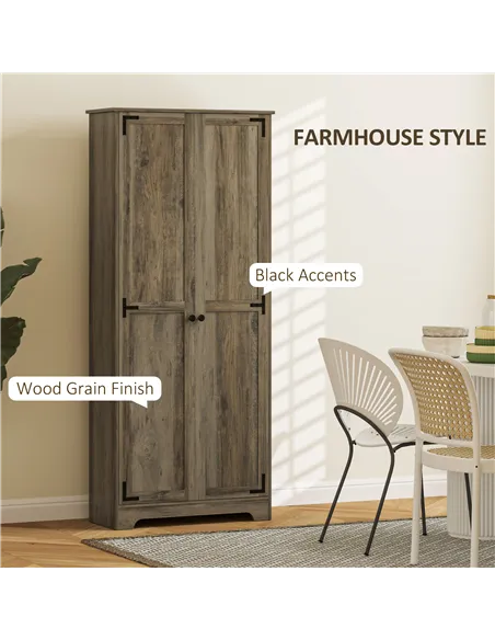 HOMCOM Farmhouse Kitchen Cupboard, Freestanding Kitchen Storage Cabinet with Adjustable Shelves, Tall Storage Cabinet with Reces