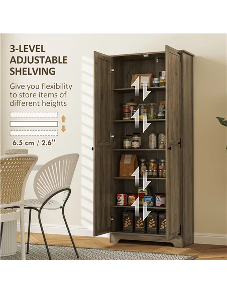 HOMCOM Farmhouse Kitchen Cupboard, Freestanding Kitchen Storage Cabinet with Adjustable Shelves, Tall Storage Cabinet with Reces