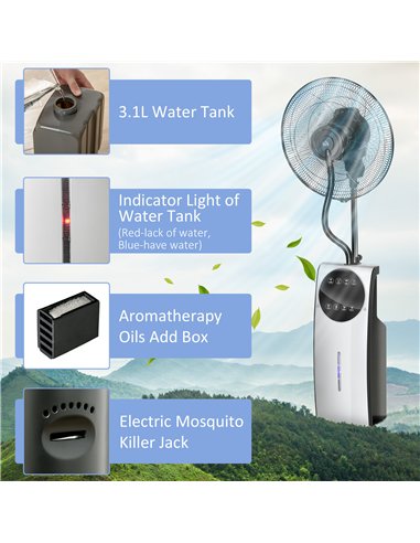 HOMCOM 16" Pedestal Fan with Water Mist Spray, Humidifying Misting Fan, Standing Fan with 3 Speeds, 3.1L Water Tank, Timer and E
