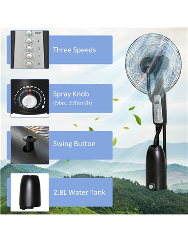 HOMCOM 18" Pedestal Fan with Water Mist Spray, Standing Fan, Humidifying Misting Fan with 3 Speeds, 2.8L Water Tank, Black