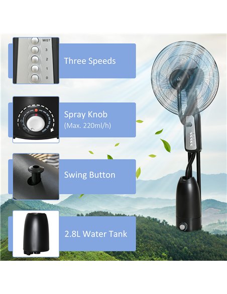 HOMCOM 18" Pedestal Fan with Water Mist Spray, Standing Fan, Humidifying Misting Fan with 3 Speeds, 2.8L Water Tank, Black
