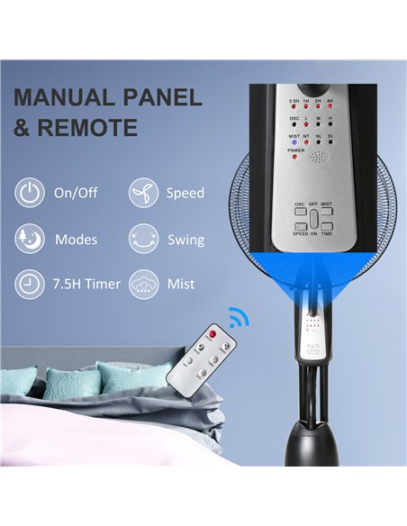 HOMCOM 18" Pedestal Fan with Water Mist Spray, Humidifying Misting Fan, Standing Fan with 3 Speeds, 2.8L Water Tank, Timer and R