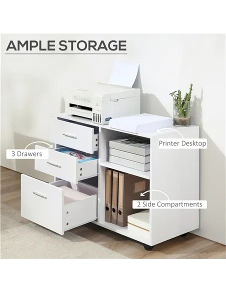 HOMCOM Freestanding Printer Stand Unit Office Desk Side Mobile Storage w/ Wheels 3 Drawers, 2 Open Shelves Modern Style 80L x 40