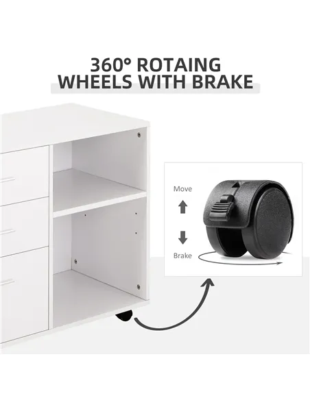 HOMCOM Freestanding Printer Stand Unit Office Desk Side Mobile Storage w/ Wheels 3 Drawers, 2 Open Shelves Modern Style 80L x 40