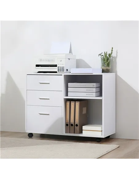 HOMCOM Freestanding Printer Stand Unit Office Desk Side Mobile Storage w/ Wheels 3 Drawers, 2 Open Shelves Modern Style 80L x 40
